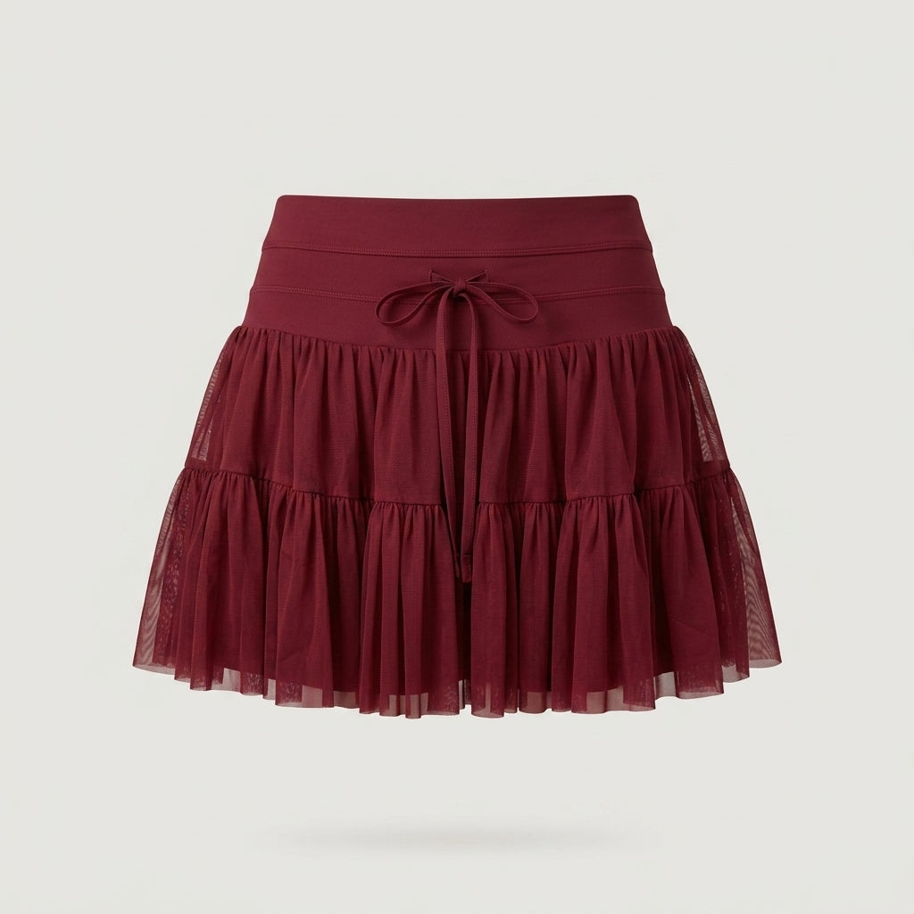 Red Tiered Mesh Active Skort