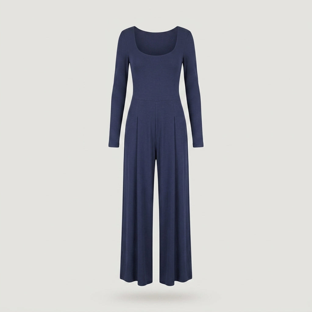 Regular Blue Long Sleeve Wide Leg Jumpsuit