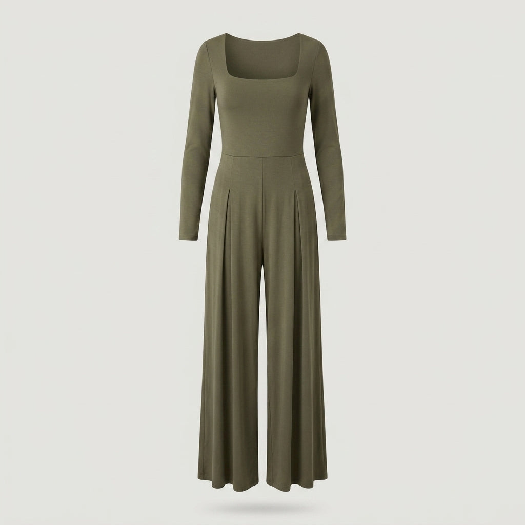 Regular Sage Green Square Neck Long Sleeve Jumpsuit