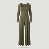 Regular Sage Green Square Neck Long Sleeve Jumpsuit