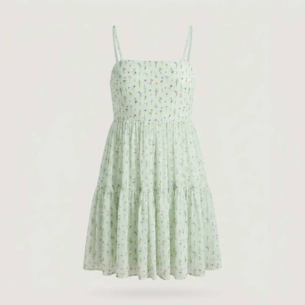 Green Floral Tiered Dress