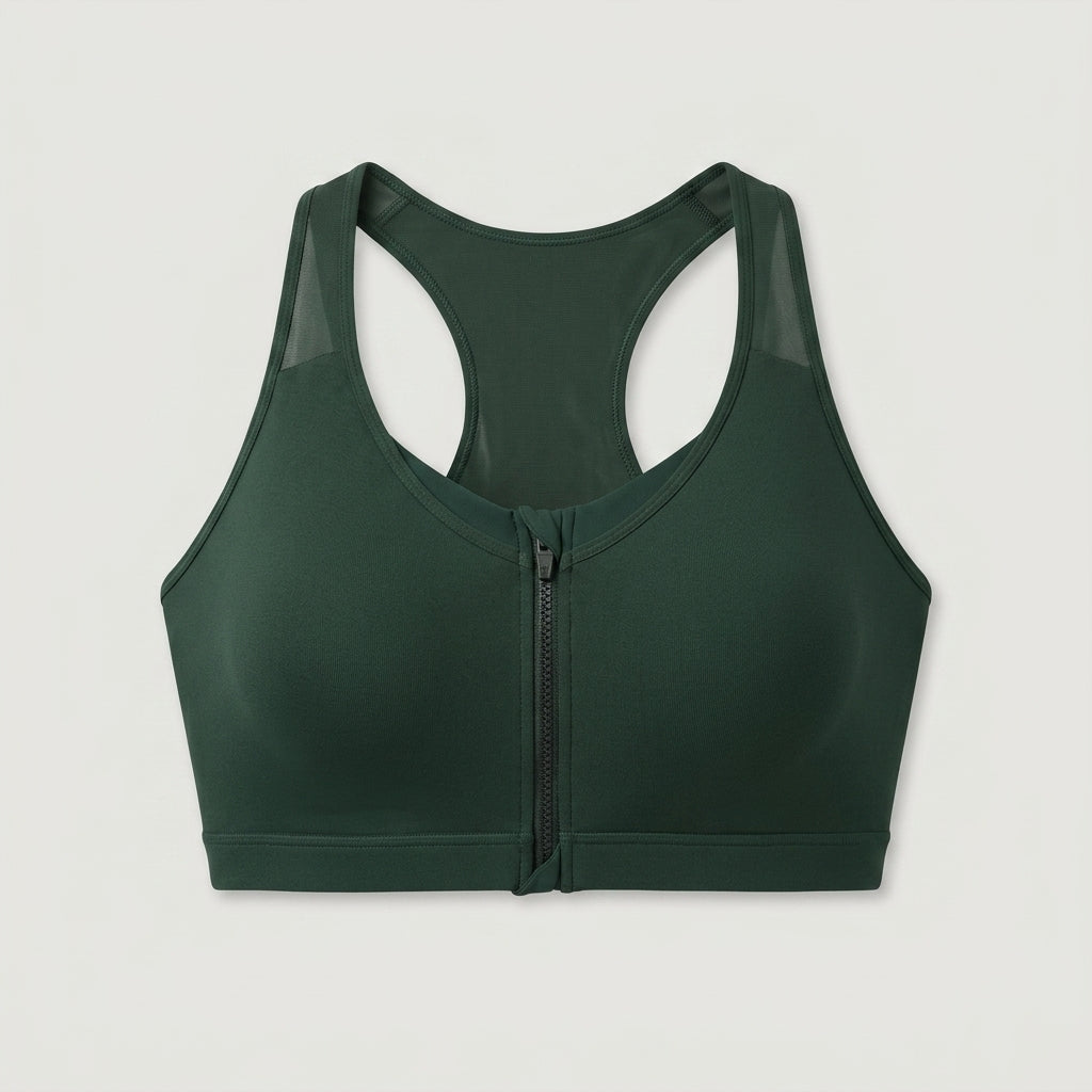 Green Zip Front Sports Bra