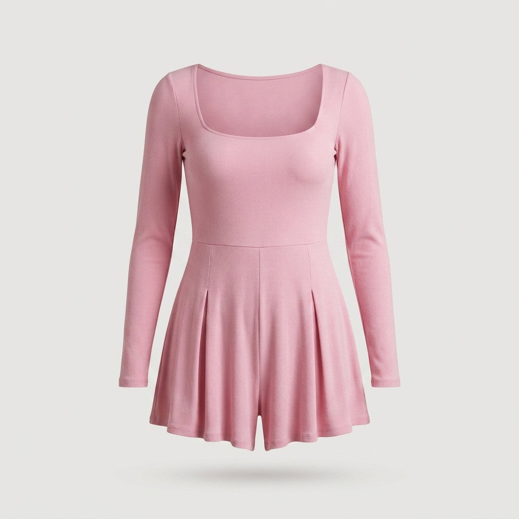 Pink Long Sleeve Ribbed Romper