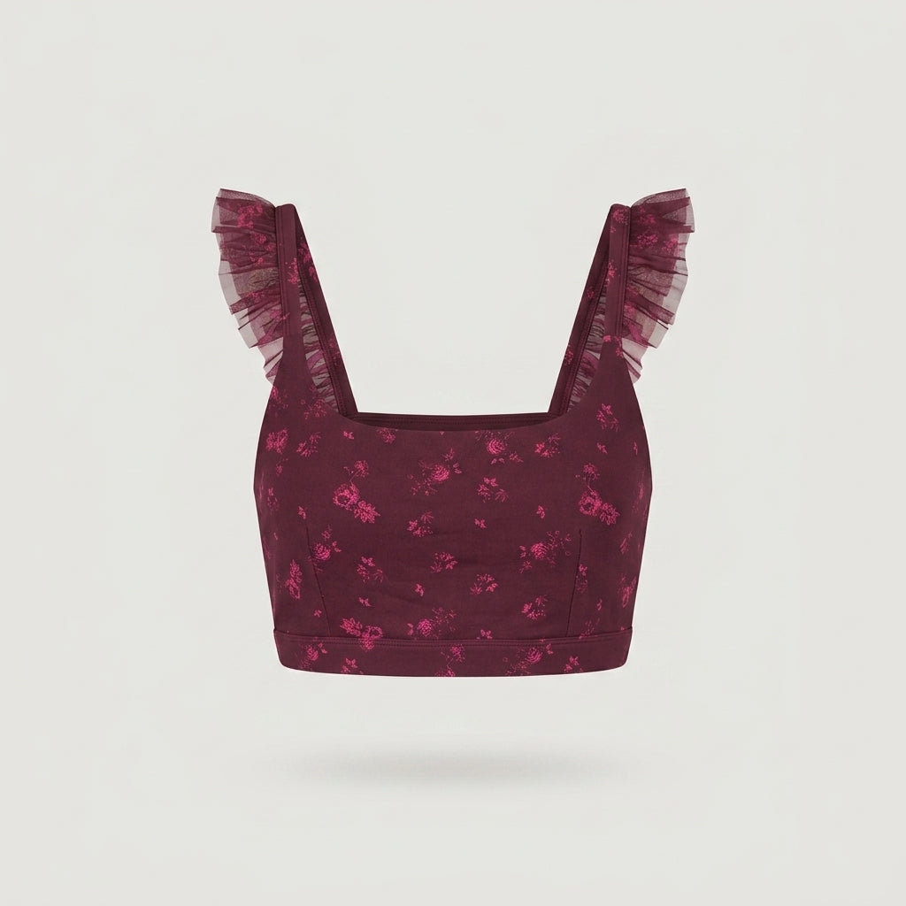 Purple Floral Ruffle Sports Bra