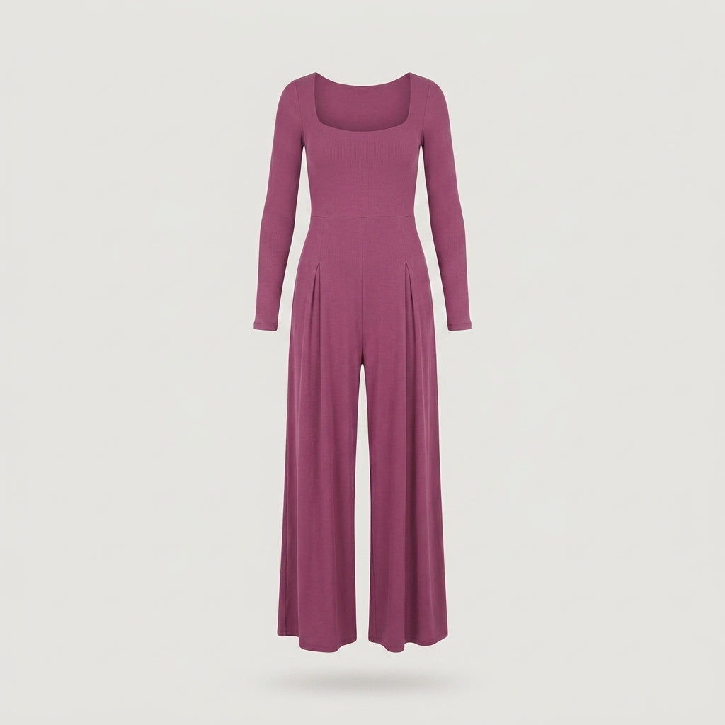 Regular Dark Rose Ribbed Long Sleeve Jumpsuit