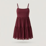 Burgundy Tiered Mesh Mini Dress