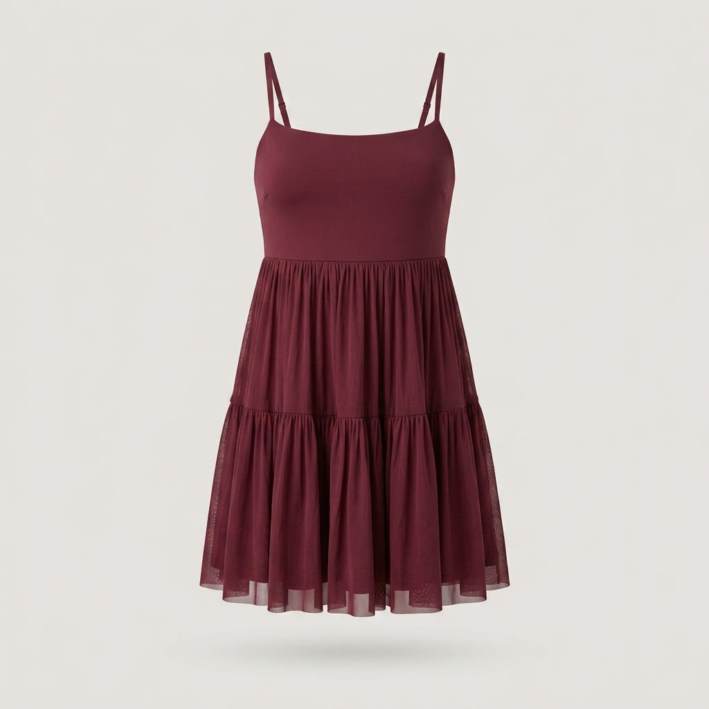 Burgundy Tiered Mesh Mini Dress