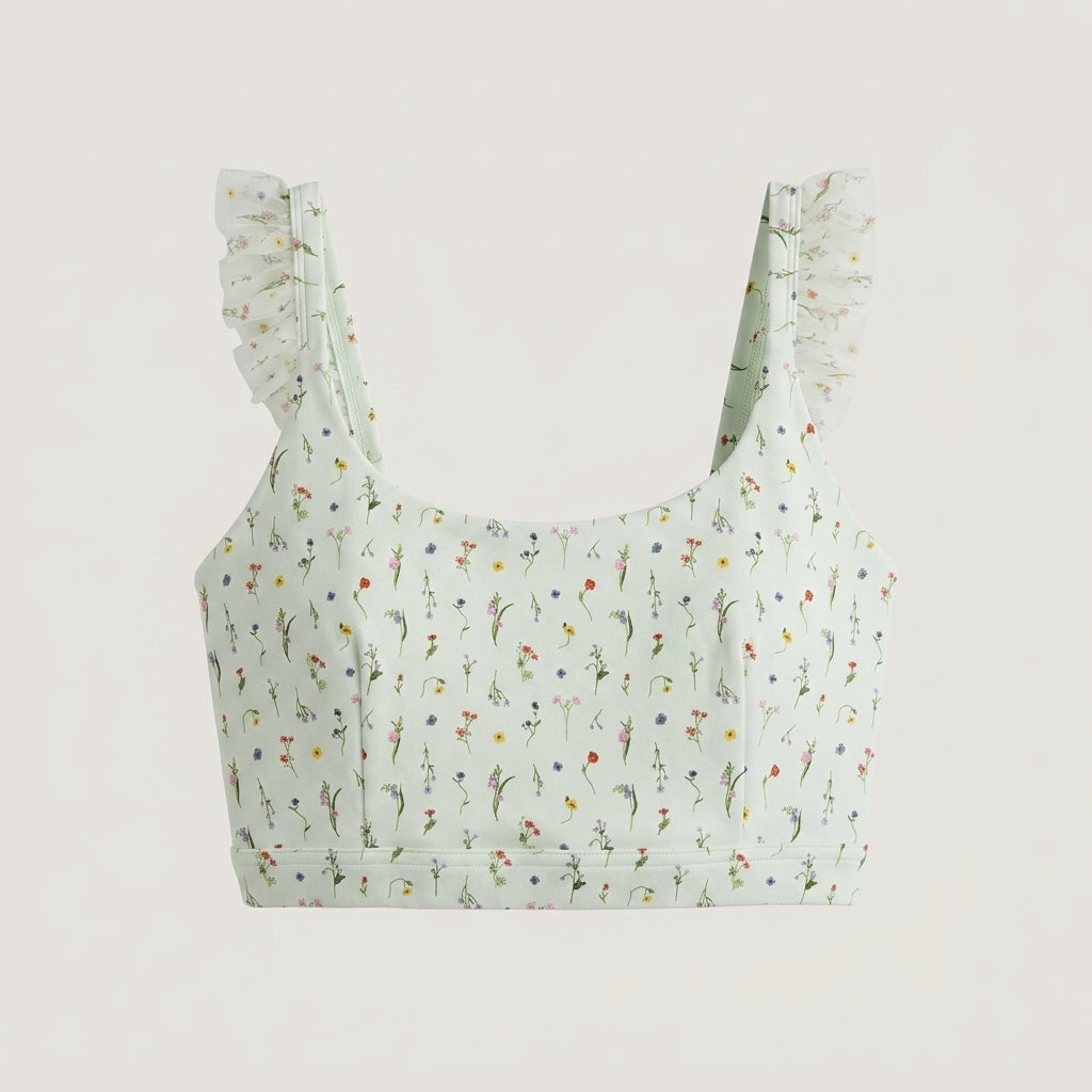 White Floral Ruffle Sports Bra