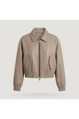 Beige Cropped Leather Bomber Jacket