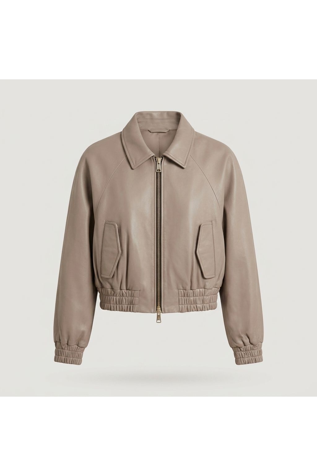 Beige Cropped Leather Bomber Jacket