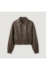 Brown Cropped Leather Bomber Jacket