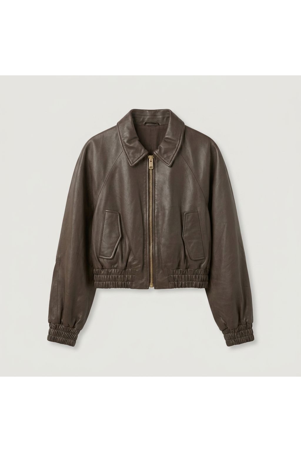 Brown Cropped Leather Bomber Jacket