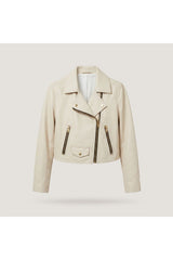Ivory White Elora Leather Biker Jacket