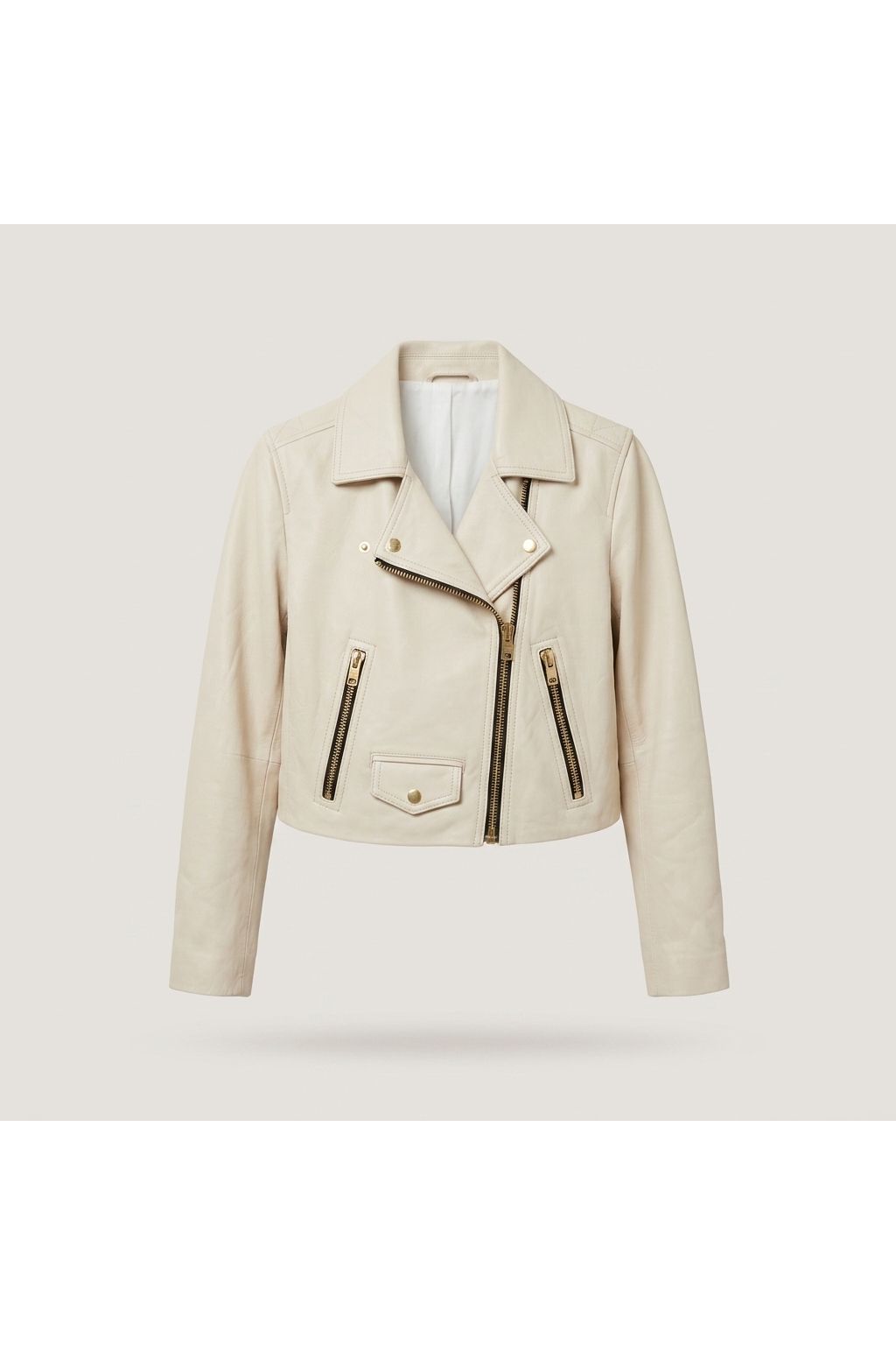 Ivory White Elora Leather Biker Jacket