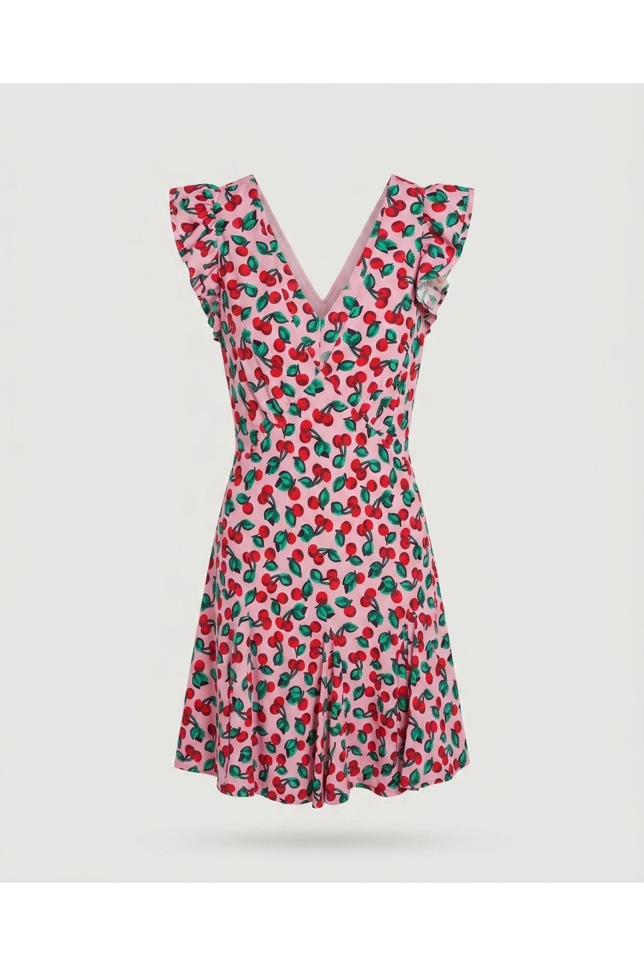 Pink Cherry Print Ruffle Mini Dress