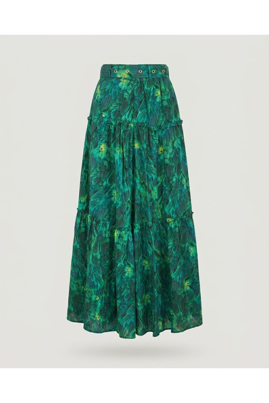 Green Tiered Belted Maxi Skirt