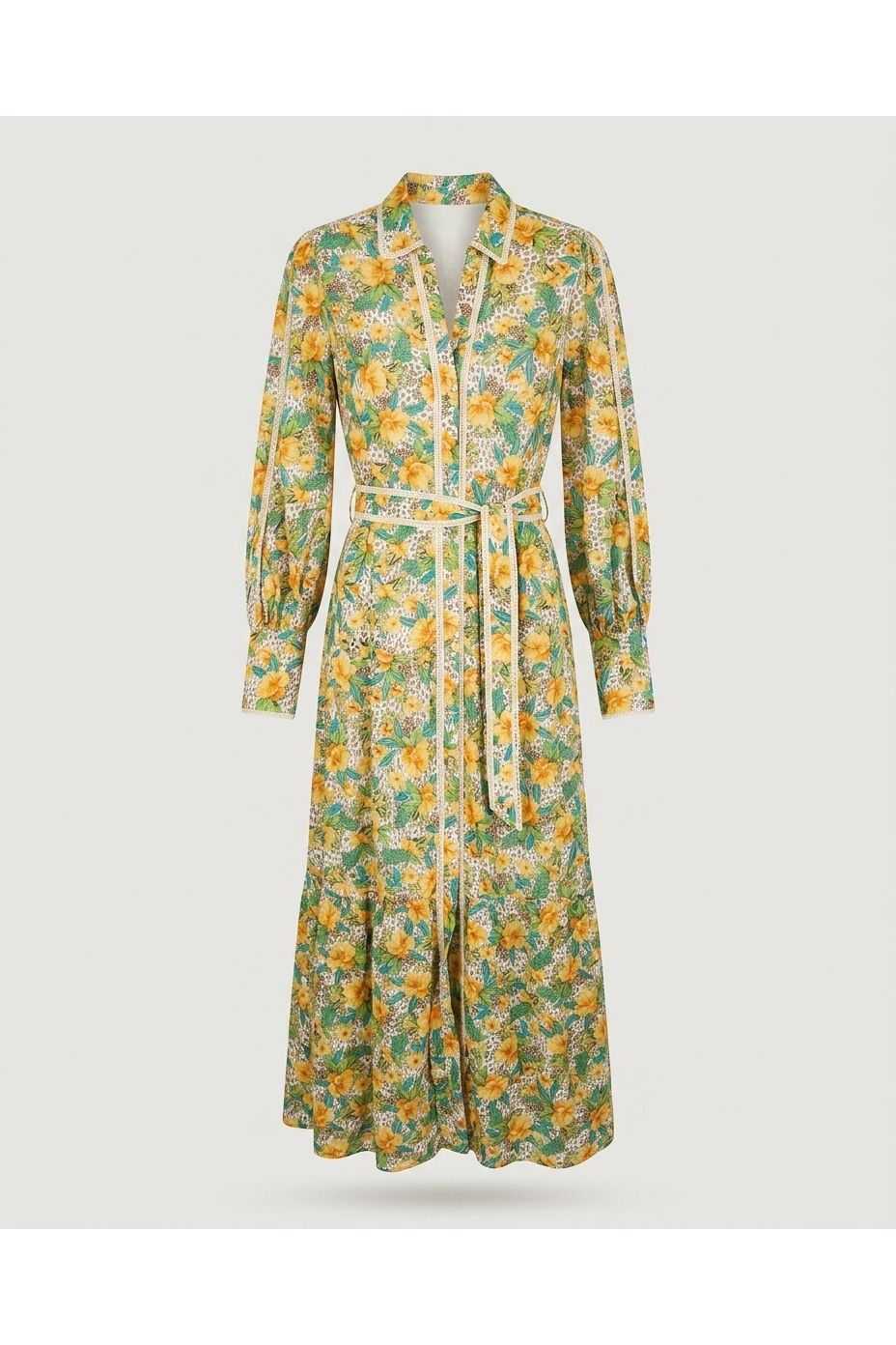 Multi Yellow Belted Long Sleeve Shirt Dress