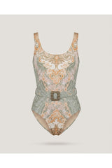 Multi Green Belted Printed One Piece