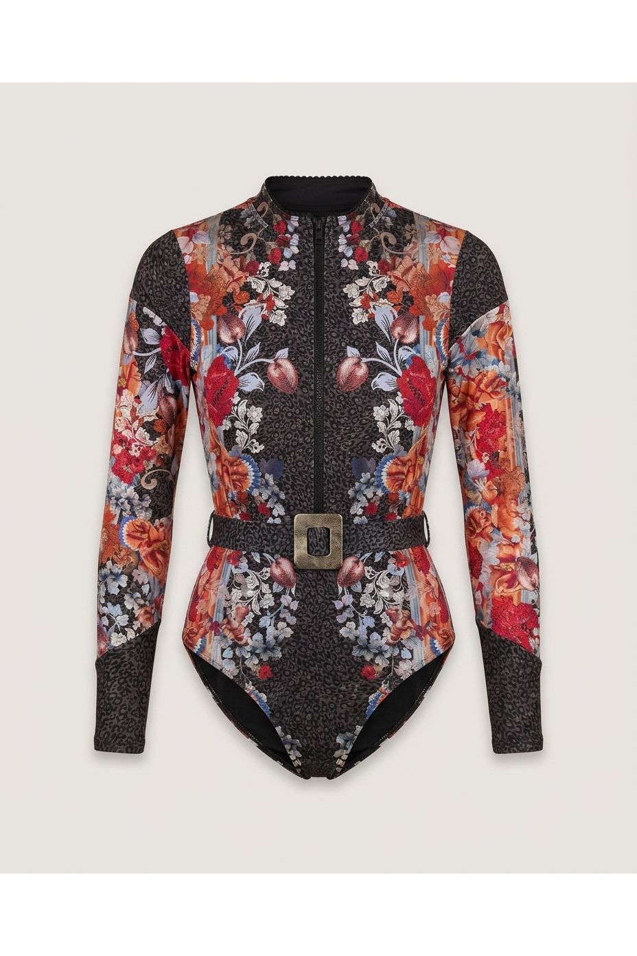 Multi Red Long Sleeve Belted One Piece