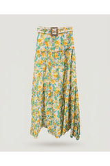 Multi Yellow Tiered Floral Belted Skirt