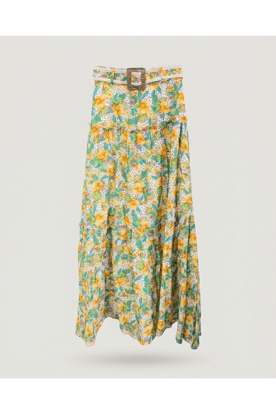 Multi Yellow Tiered Floral Belted Skirt