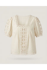 Beige Square Neck Eyelet Top
