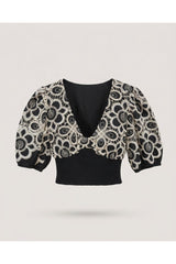Navy Embroidered Puff Sleeve Top