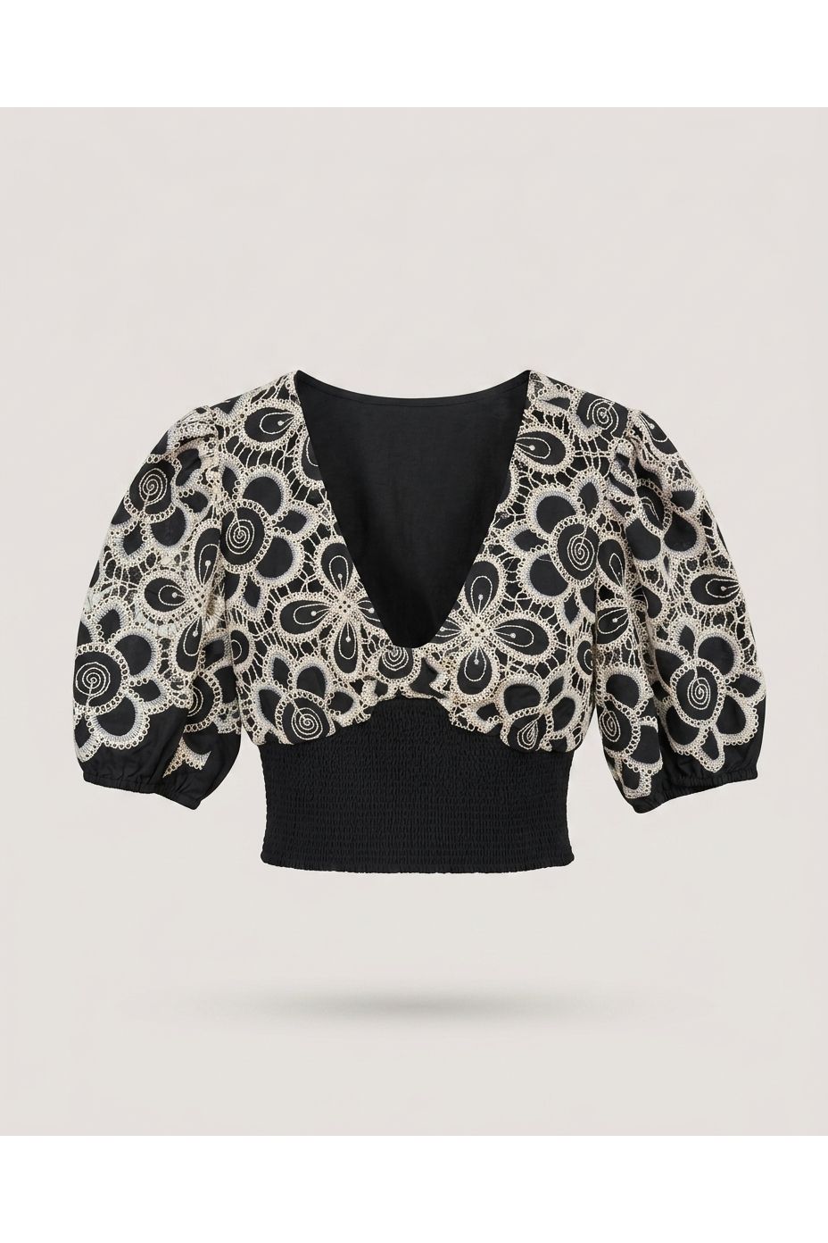 Navy Embroidered Puff Sleeve Top