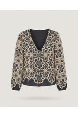 Navy Embroidered V-neck Blouse