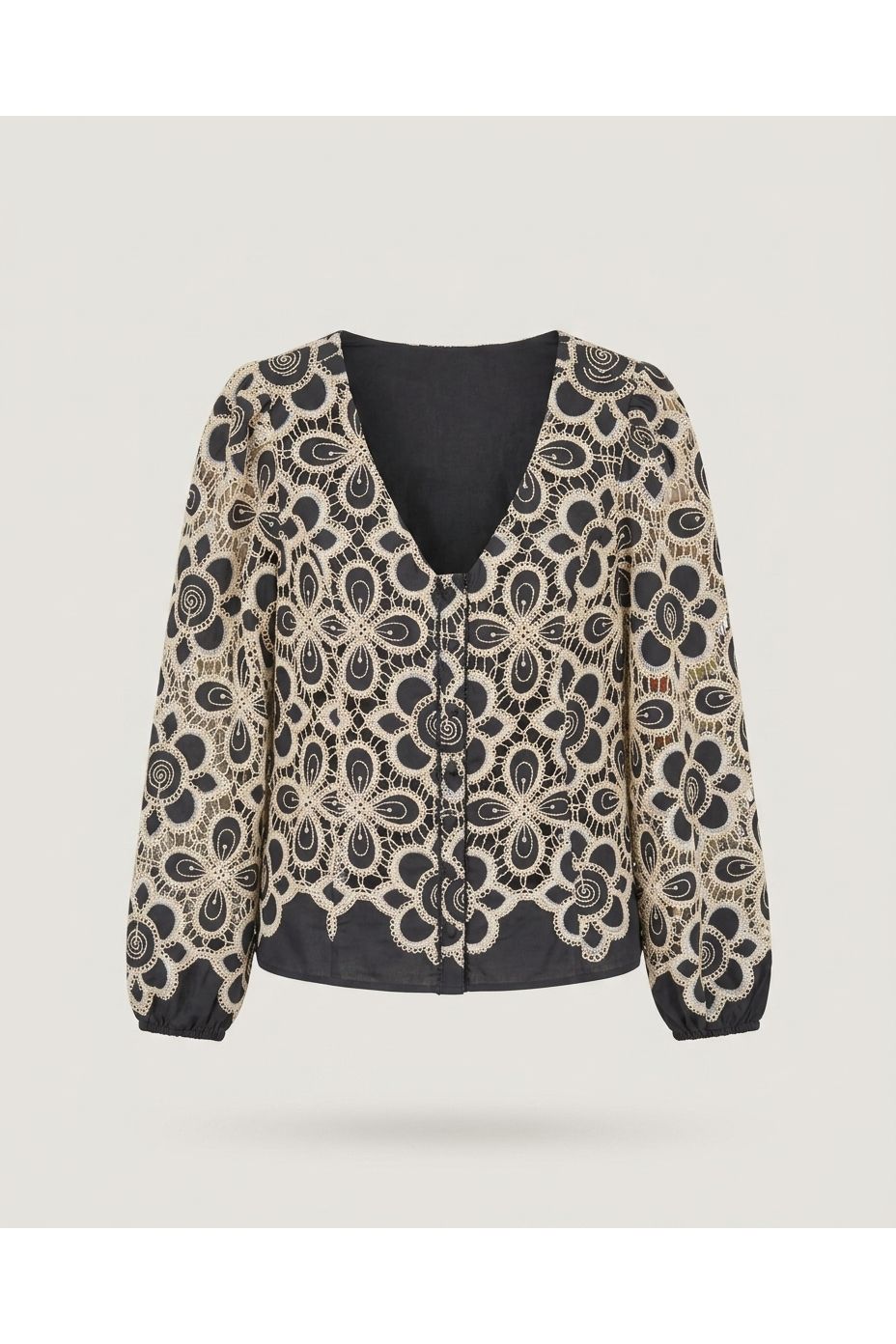 Navy Embroidered V-neck Blouse