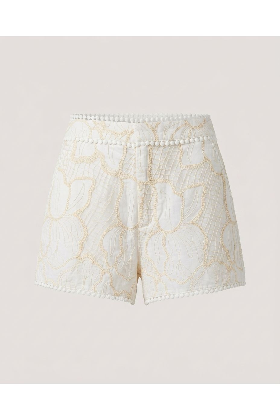 White Embroidered Pom-pom Shorts