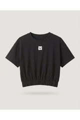 Black Cropped Elastic Hem T-shirt