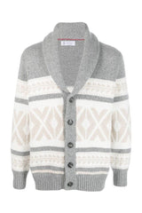 Brunello Cucinelli Men's Light Grey Patterned Shawl Cardigan