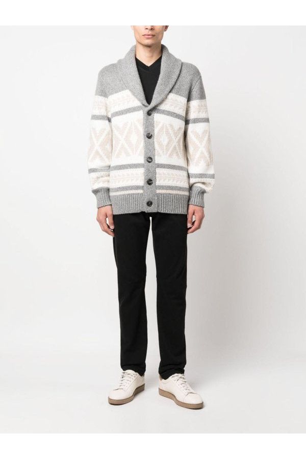 Brunello Cucinelli Men's Light Grey Patterned Shawl Cardigan