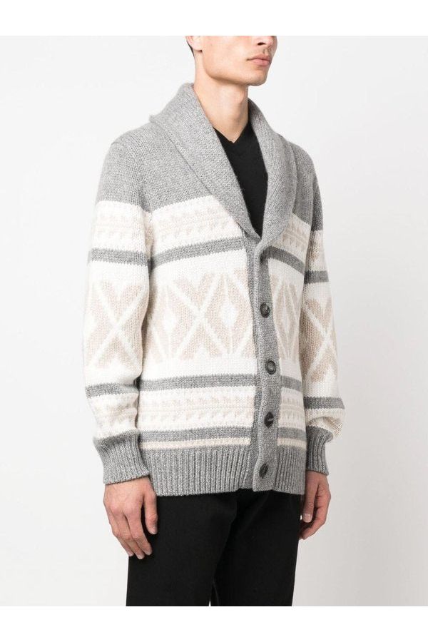 Brunello Cucinelli Men's Light Grey Patterned Shawl Cardigan