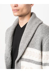 Brunello Cucinelli Men's Light Grey Patterned Shawl Cardigan