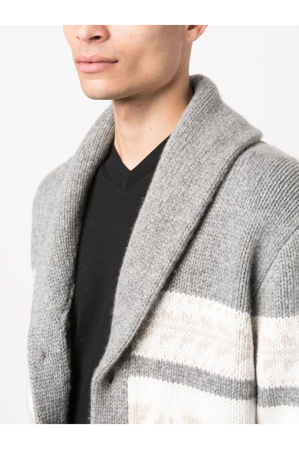 Brunello Cucinelli Men's Light Grey Patterned Shawl Cardigan