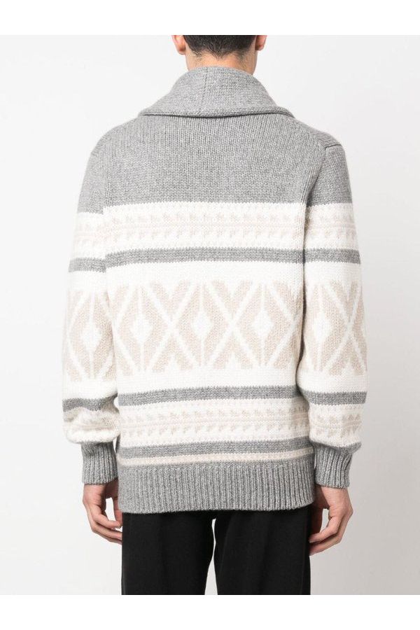 Brunello Cucinelli Men's Light Grey Patterned Shawl Cardigan