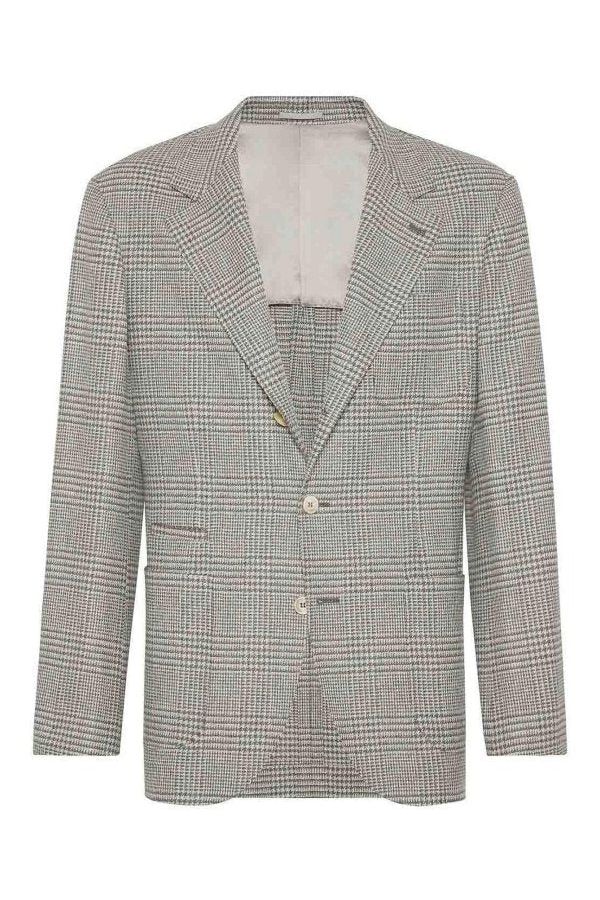 Brunello Cucinelli Men's Gray Wool Silk Plaid Blazer