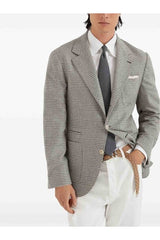 Brunello Cucinelli Men's Gray Wool Silk Plaid Blazer