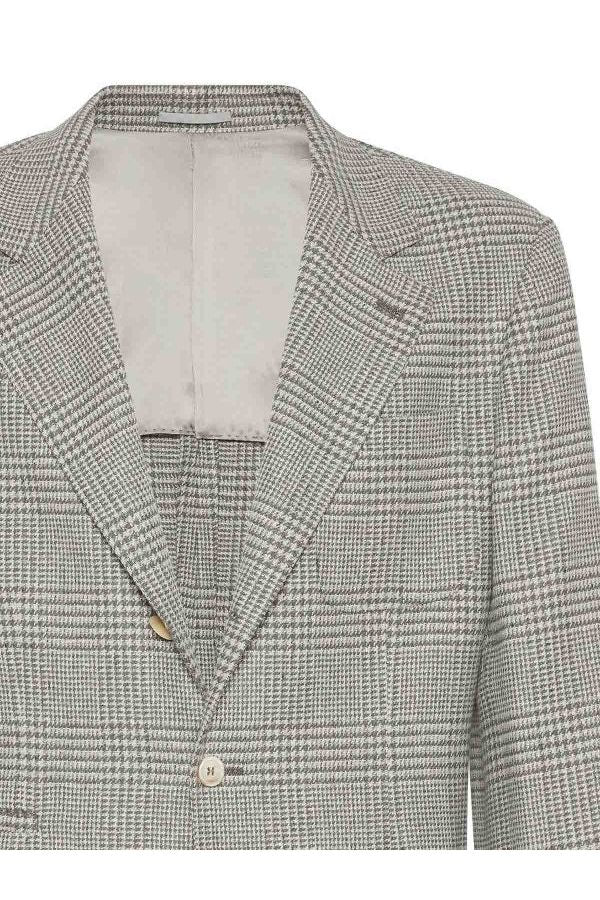 Brunello Cucinelli Men's Gray Wool Silk Plaid Blazer