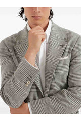Brunello Cucinelli Men's Gray Wool Silk Plaid Blazer