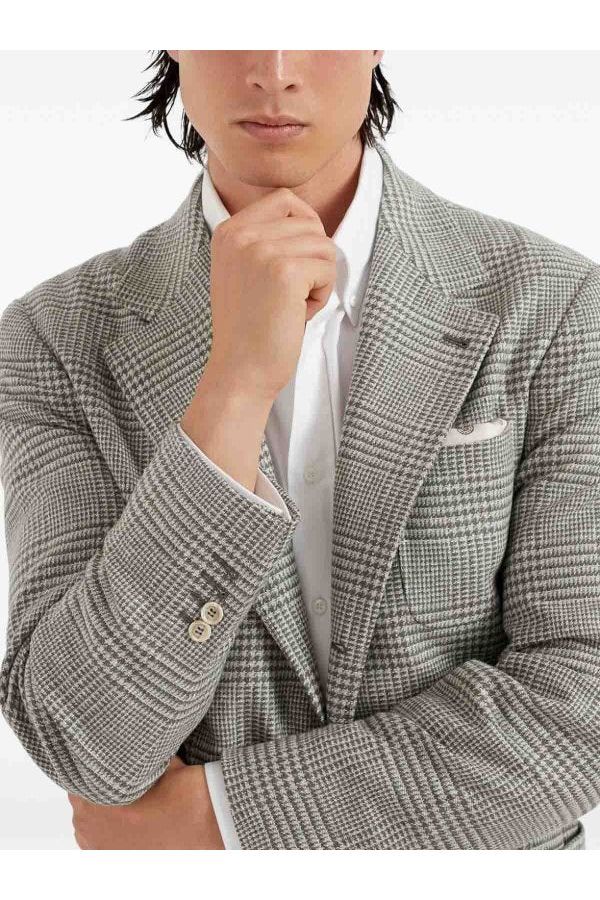 Brunello Cucinelli Men's Gray Wool Silk Plaid Blazer