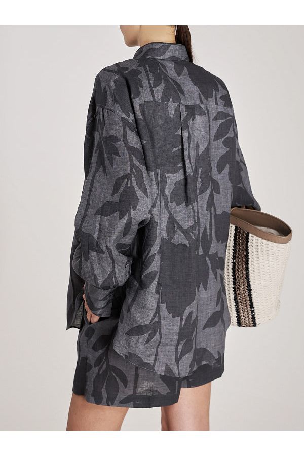 Women's Grey Linen Floral Shirt