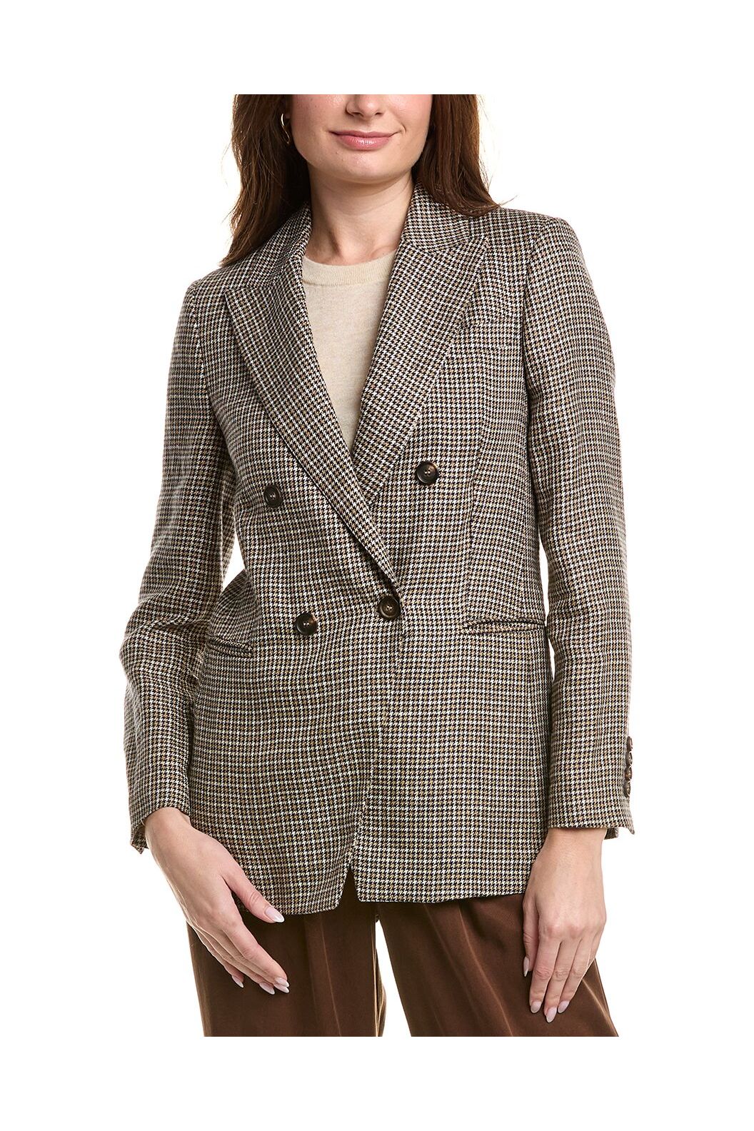Women's Brown Checked Double Breasted Blazer