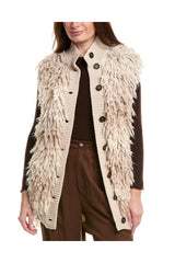Women's Beige Textured Knit Buttoned Vest