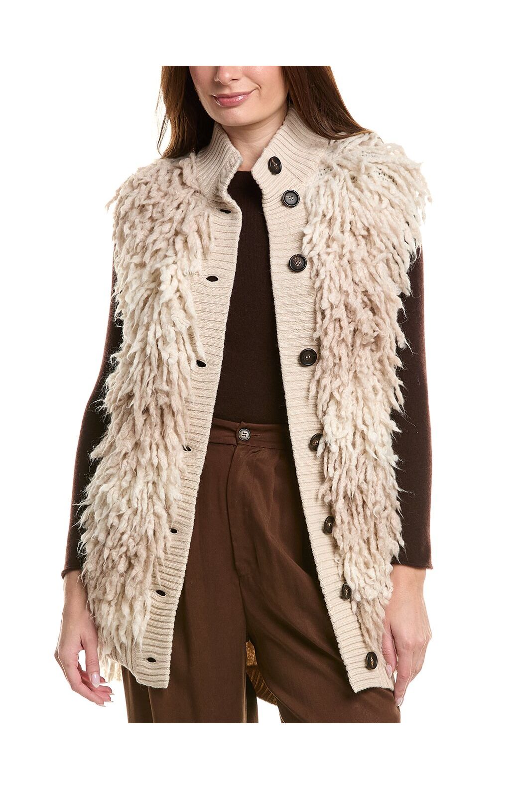 Women's Beige Textured Knit Buttoned Vest