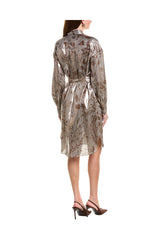 Women's Metallic Floral Belted Shirt Dress