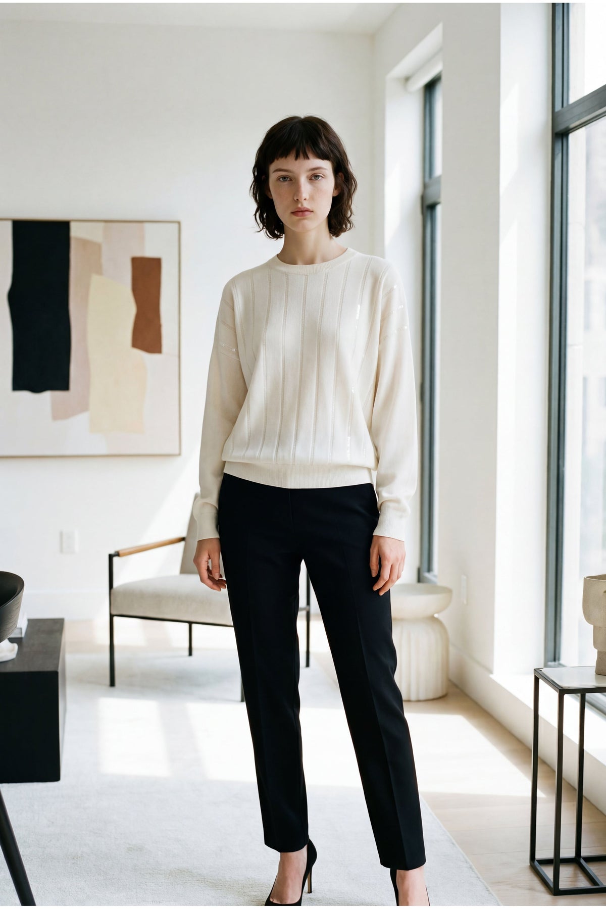 Women's White Cashmere Ribbed Sweater