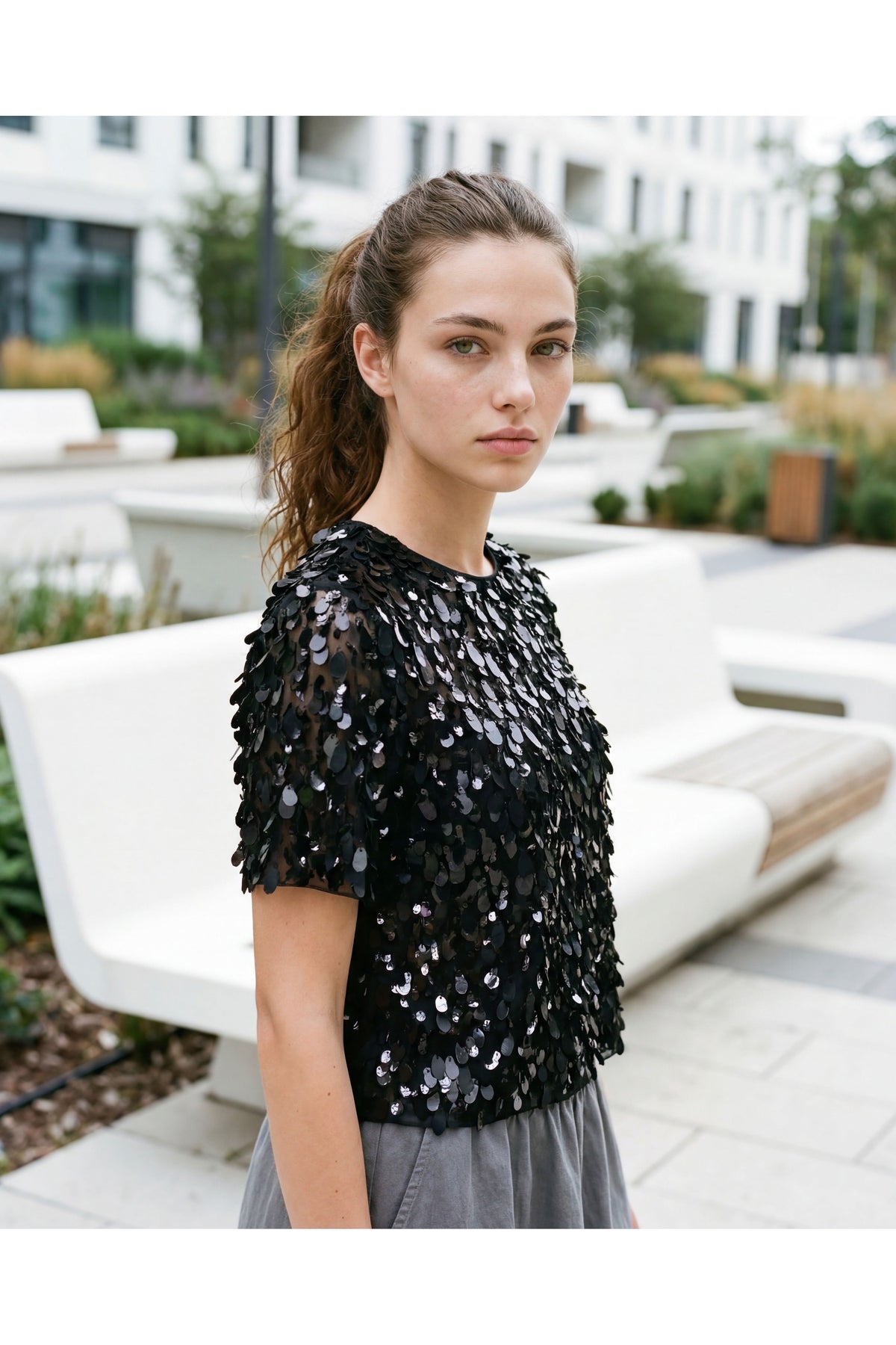 Women's Black Sequin Embellished Shirt